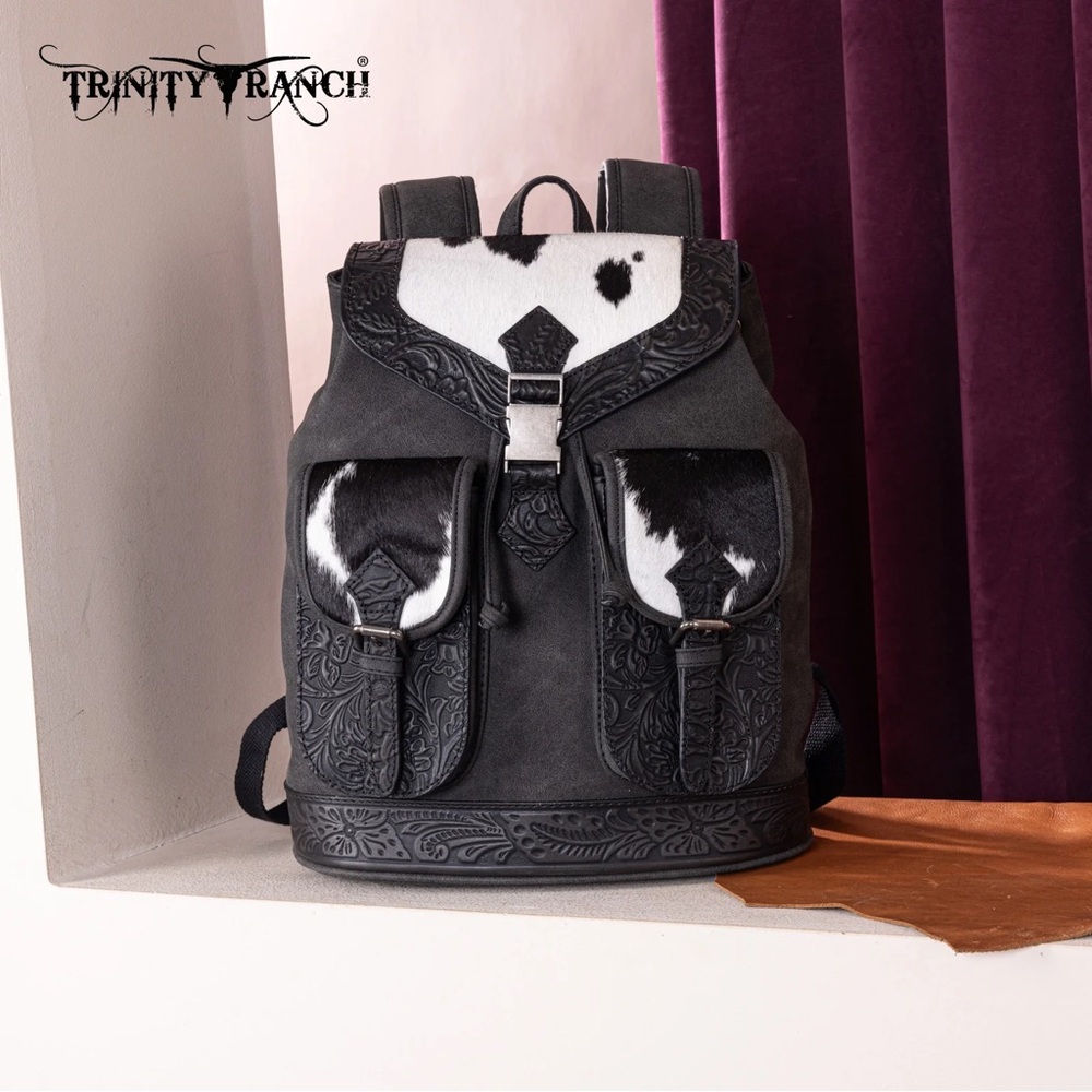 TR185-9110 Trinity Ranch Genuine Hair-On Cowhide Tooled Backpack - Black